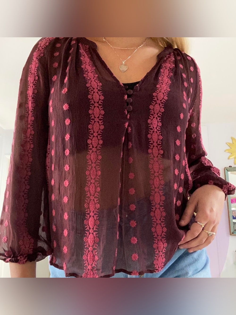 Anthropologie Zoa New York Embroidered Sheer V-Neck Blouse in burgundy